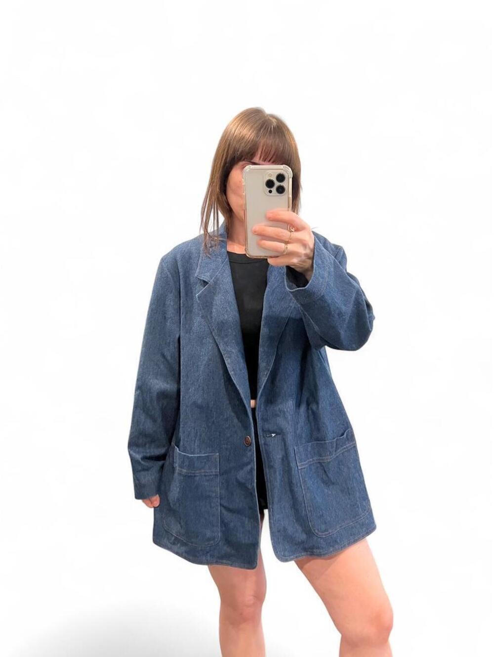 Vintage 90s Denim Blazer Jacket Oversized Dark Wash Chore Coat